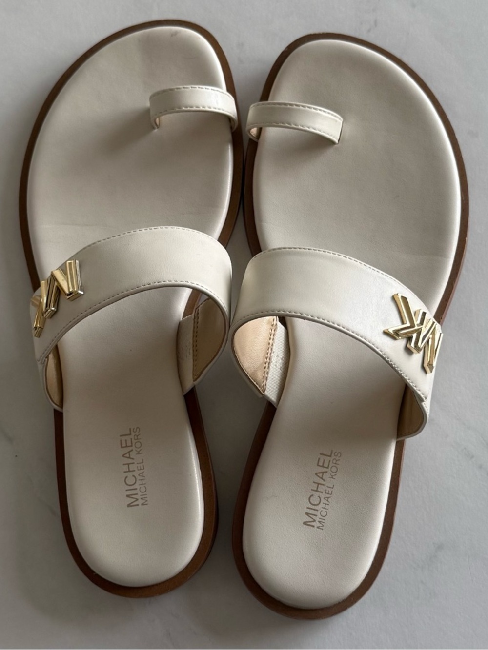 Michael Kors Cream Leather Slide Sandals with Gold MK Accent